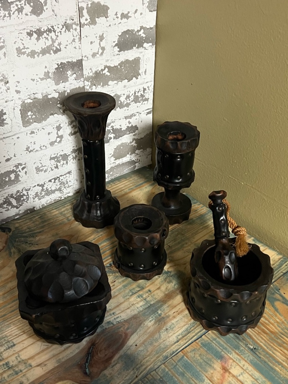 Vintage hand-carved wooden candle holder mortar & pestle, Tobacco box set